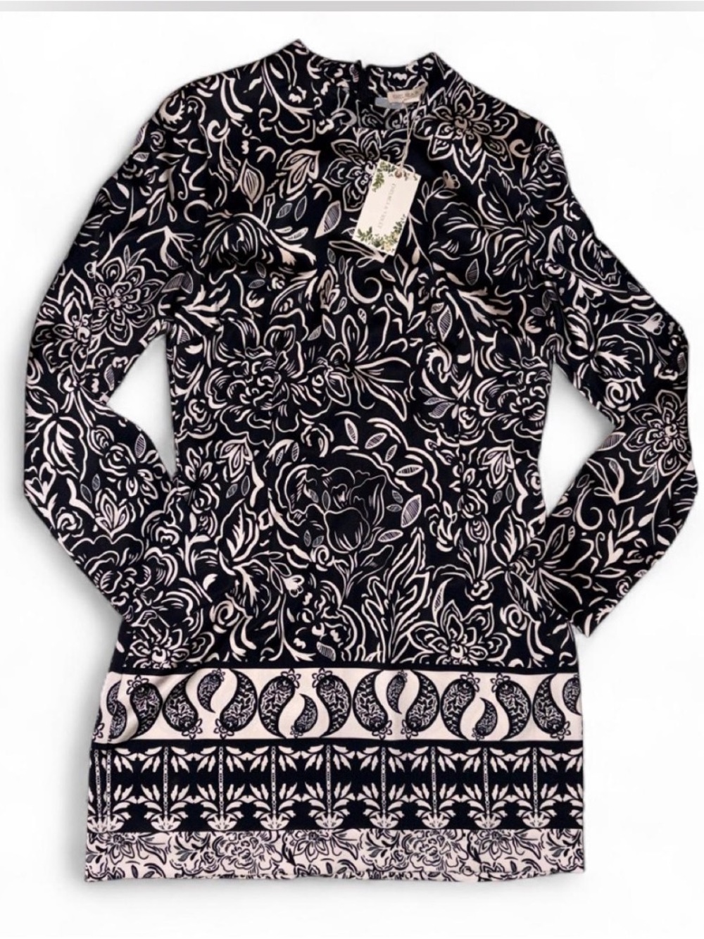 Chelsea & Violet Black and Cream Floral Border Long Sleeve Dress